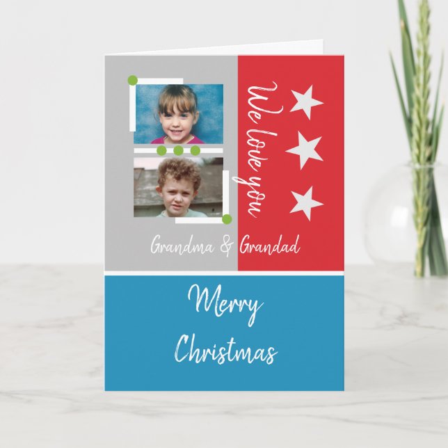 Merry Christmas grandma grandad red blue photos Holiday Card (Front)