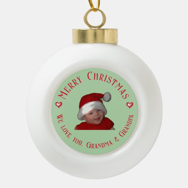 Merry Christmas Grandma & Grandpa, Own Photo Gift, Ceramic Ball Christmas Ornament (Front)
