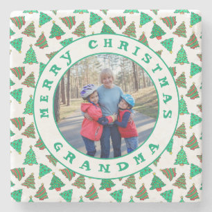 Merry Christmas Grandma Photo Green Trees White Stone Coaster