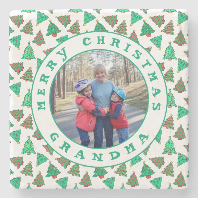 Merry Christmas Grandma Photo | Green Trees White Stone Coaster (Front)