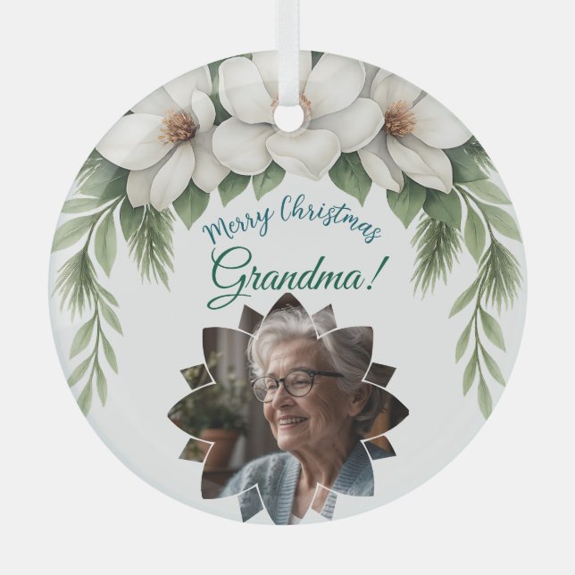 Merry Christmas Grandma Photo Holiday Gift Glass Tree Decoration (Front)