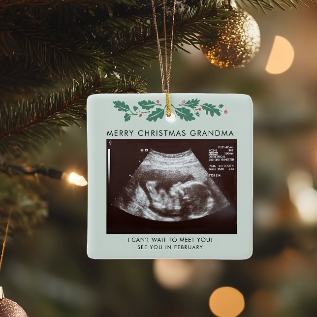 Merry Christmas Grandma Pregnancy Ultrasound Photo Ceramic Ornament (Pregnancy Announcement Sonogram Baby Scan Greenery Christmas Square Ornament)