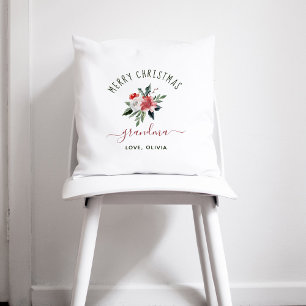 Merry Christmas Grandma Pretty Watercolor Floral Cushion