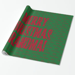 Merry Christmas Grandma Red Stars Typography Green Wrapping Paper