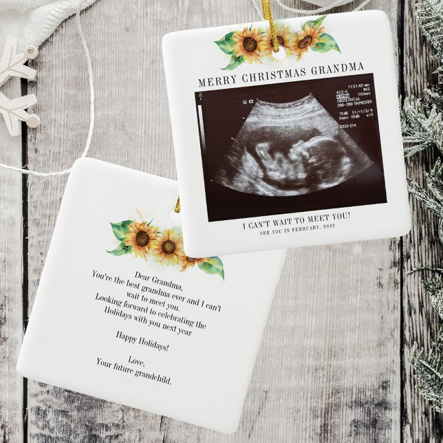 Merry Christmas Grandma Sunflower Ultrasound Photo Ceramic Ornament (Sunflower Greenery Sonogram Grandma Baby Announcement Ornament)