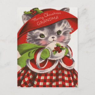 Merry Christmas Grandma Vintage Kitty Holiday Postcard