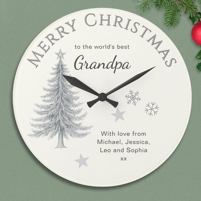 Merry Christmas Grandpa Cream Keepsake Large Clock (A Christmas clock for the 'world's best Grandpa', with tree, snowflakes, stars and your own message)