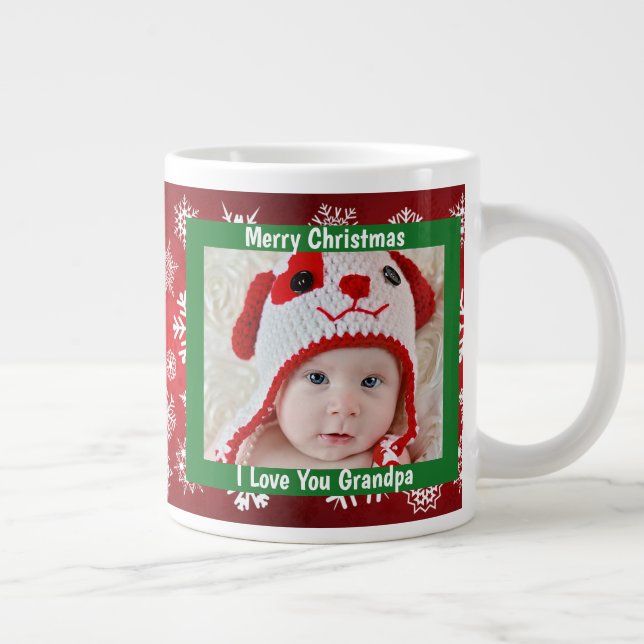 Merry Christmas Grandpa, Red & White, Custom Photo Large Coffee Mug (Right)