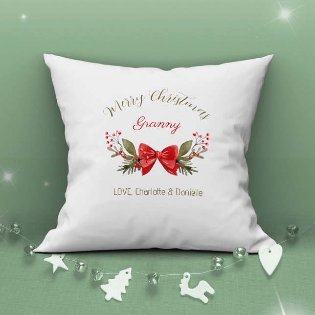 Merry Christmas Granny Bow Berries Modern  Cushion (Merry Christmas Granny Bow Berries Modern Throw Pillow ©Susanne Sachers - Sunny Mind Design 🌞)