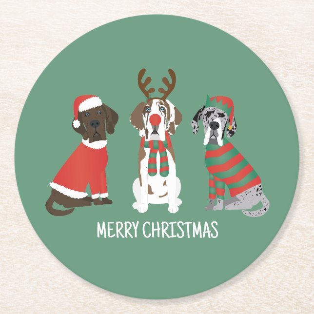 Merry Christmas Great Dane Dogs Round Paper Coaster (Front)
