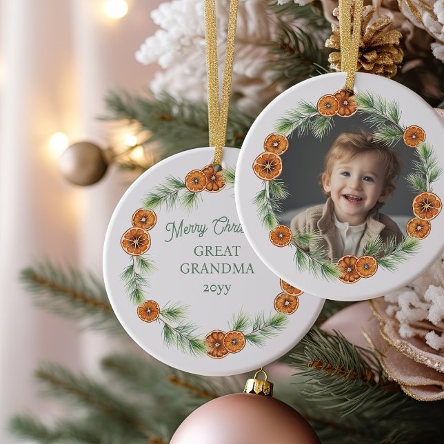Merry Christmas Great Grandma Citrus Wreath Photo Ceramic Tree Decoration (Christmas Photo Ornament with citrus pine wreath frame)