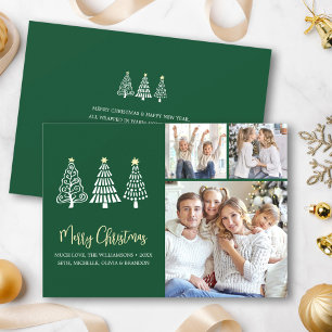 Merry Christmas Green 3 Photo Playful Trees Script Holiday Card