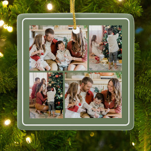 Merry Christmas Green 4 Photo Collage Ceramic Ornament