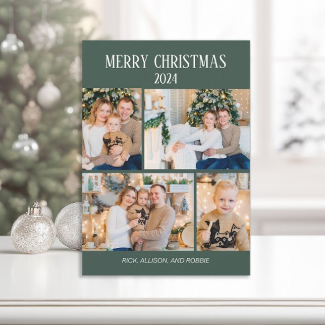 Merry Christmas Green 4 Photo Collage  Holiday Card (Green 4-photo Christmas greeting card.)