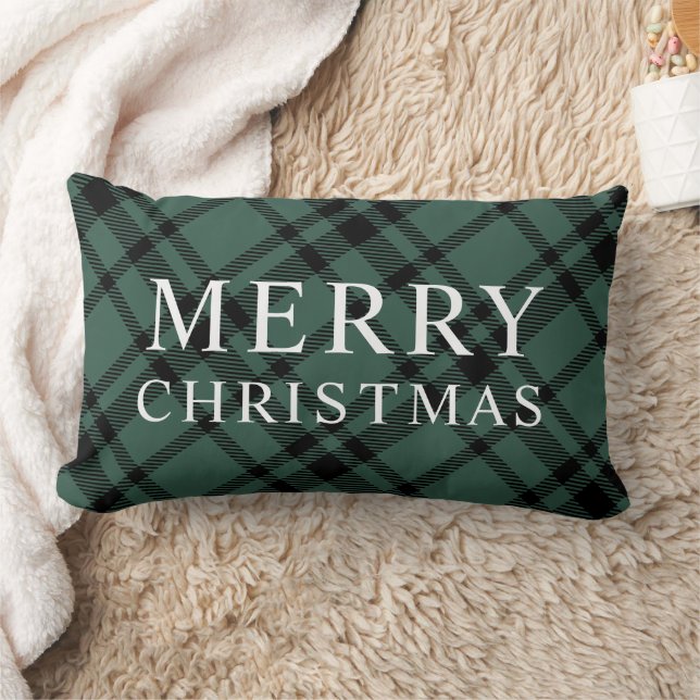 Merry Christmas Green and Black Tartan Plaid Lumbar Cushion (Blanket)