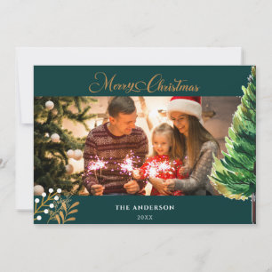Merry Christmas Green and Gold arch Photo Holiday Card
