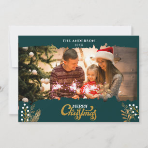 Merry Christmas Green and Gold arch Photo Holiday Invitation