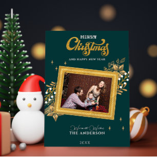Merry Christmas Green and Gold arch Photo Holiday Invitation