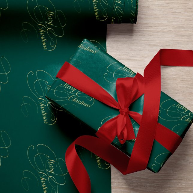 Merry Christmas green and gold elegant script Wrapping Paper (Creator Uploaded)