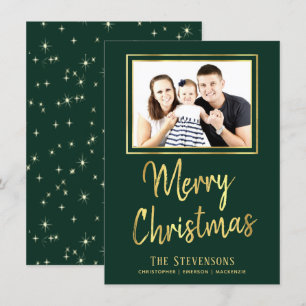 Merry Christmas   Green and Gold   Holiday Photo Invitation
