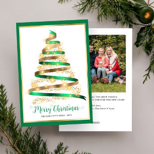 Merry Christmas Green and Gold Ribbon Tree Photo  Holiday Card