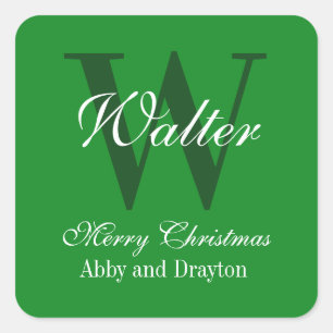 Merry Christmas Green And White Custom Monogram Square Sticker