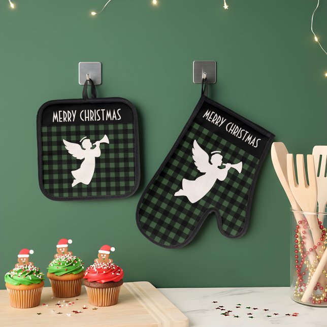 Merry Christmas Green & Black Buffalo Plaid Angel Oven Mitt & Pot Holder Set (Creator Uploaded)
