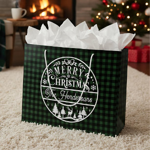 Merry Christmas Green & Black Buffalo Plaid Custom Large Gift Bag