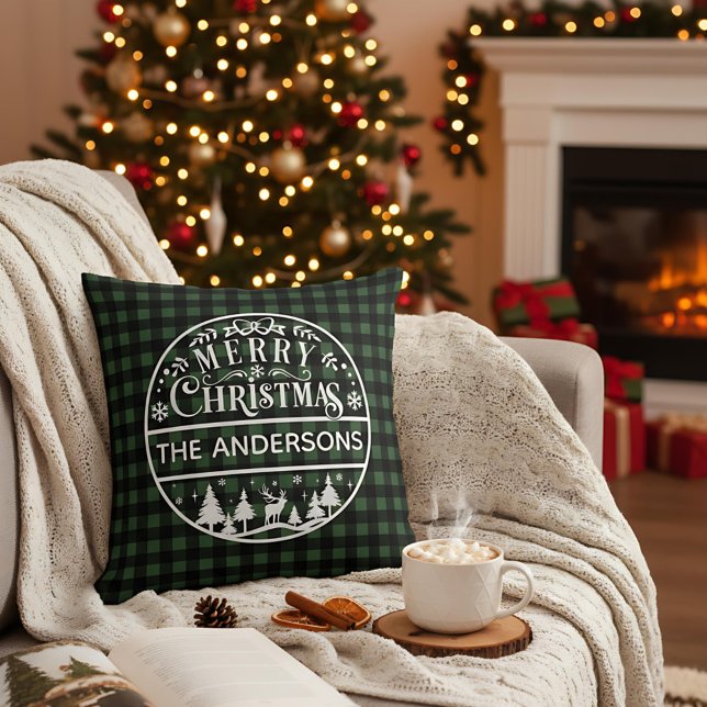 Merry Christmas Green & Black Plaid Custom Name Cushion (Creator Uploaded)