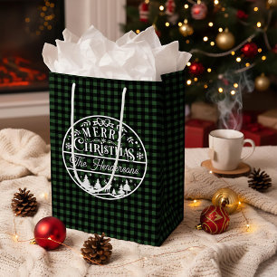 Merry Christmas Green & Black Plaid Custom Name Medium Gift Bag
