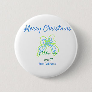 Merry christmas green blue bow add family name tex 6 cm round badge