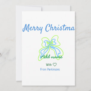 Merry christmas green blue bow add family name tex invitation