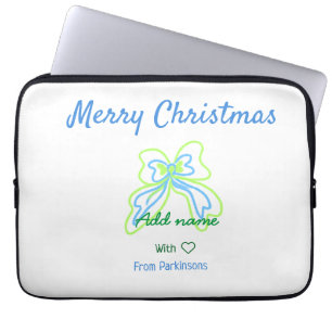 Merry christmas green blue bow add family name tex laptop sleeve