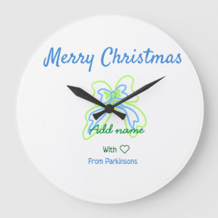 Merry christmas green blue bow add family name tex large clock