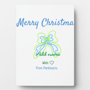 Merry christmas green blue bow add family name tex plaque