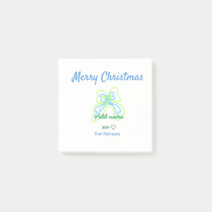 Merry christmas green blue bow add family name tex post-it notes