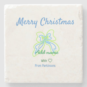 Merry christmas green blue bow add family name tex stone coaster