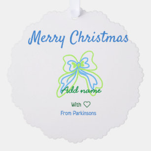 Merry christmas green blue bow add family name tex tree decoration card