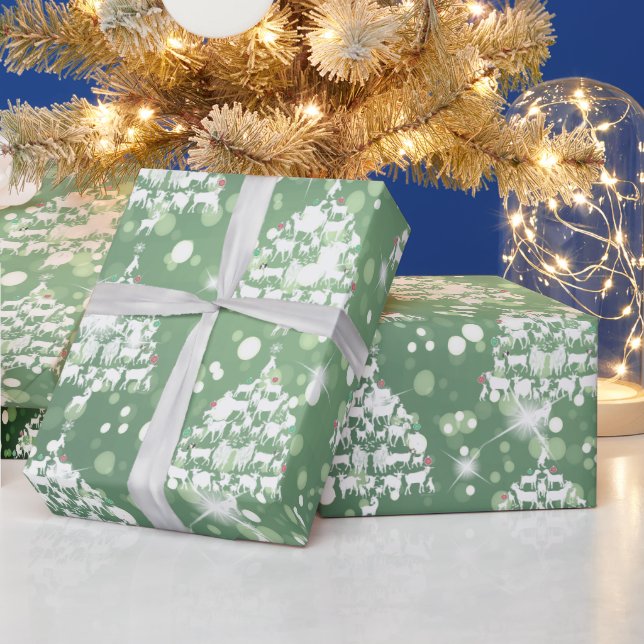 Merry Christmas Green Bokeh Goat Christmas Trees Wrapping Paper (Holidays)