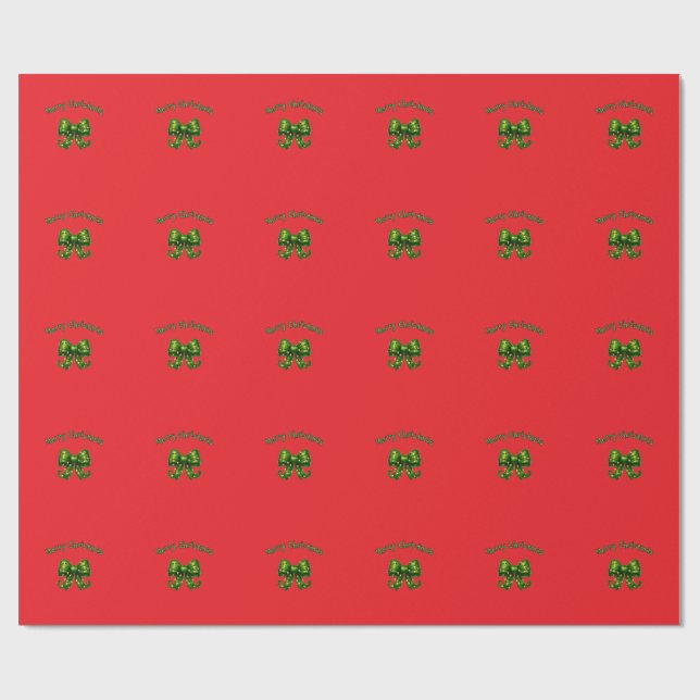 Merry Christmas Green Bow Holiday Wrapping Paper (Flat)