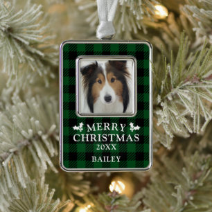 Merry Christmas Green Buffalo Check Dog Photo  Silver Plated Framed Ornament