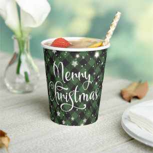 Merry Christmas Green Buffalo Plaid Holiday Party Paper Cups