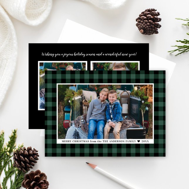 Merry Christmas Green Buffalo Plaid Photo Holiday Card (Creator Uploaded)