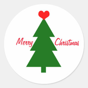 Merry Christmas Green Christmas Tree Red Heart Classic Round Sticker