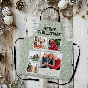 Merry Christmas Green Doodles 5 Photo Family Gift Apron