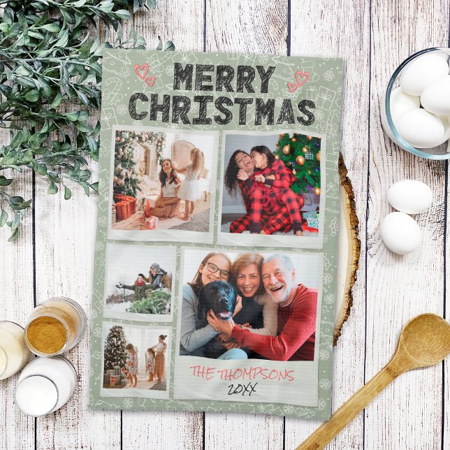 Merry Christmas Green Doodles 5 Photo Family Gift Tea Towel (Creator Uploaded)