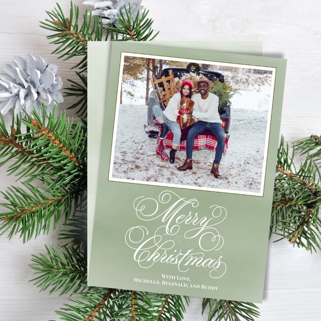 Merry Christmas Green Elegant Script Holiday Card (Merry Christmas fancy calligraphy script vertical photo card. )