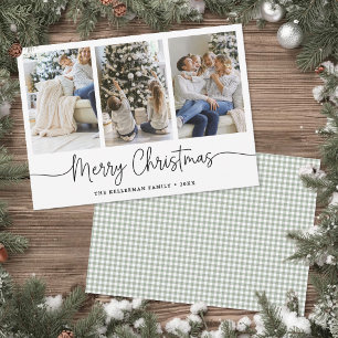 Merry Christmas Green Gingham Minimalist Photo  Holiday Card