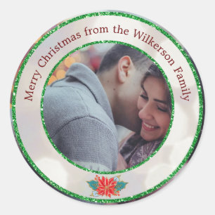 Merry Christmas Green Glitter and Bokeh Classic Round Sticker