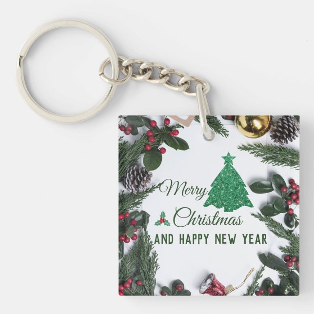Merry christmas- green glitter  key ring (Front)